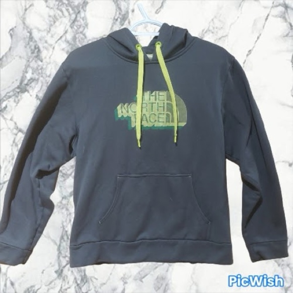 The North Face Men’s Grey Hoodie with Lime Green Logo and Drawstrings